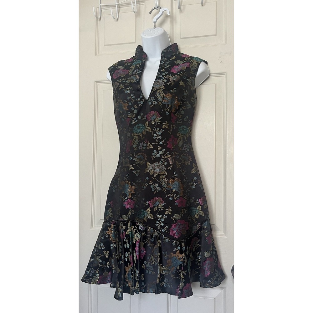 Moda International Floral Brocade Oriental Ruffle Mini Dress Qipao Sz 2 Black